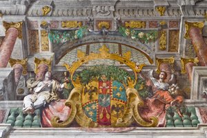 Detail mit Gesims und allegorischen Figuren der Dekoration, Kirche St. Franziskus, Sassuolo, Italien von Baldassarre & Monti Giovanni Giacomo (1620 92) Bianchi