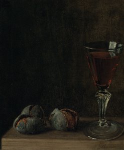 Ein Glas Wein mit Walnüssen auf einem Tisch von Balthasar Denner