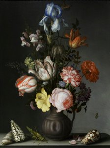 Blumen in einer Vase mit Muscheln und Insekten, um 1630