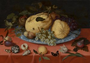 Früchtestillleben mit Muscheln und Tulpe