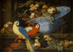 Früchtestillleben mit zwei Papageien von Balthasar van der Ast