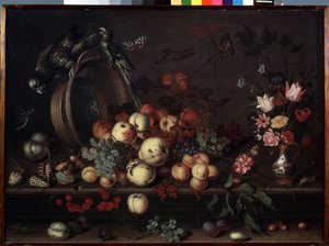 Stillleben mit Früchten, Blumen und Papageien von Balthasar van der Ast