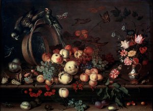 Stillleben mit Früchten, Blumen und Papageien, 1620er Jahre