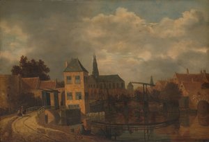 Ansicht der Stadt Haarlem, vom Fluss Spaarne aus gesehen, mit der Eendjespoort