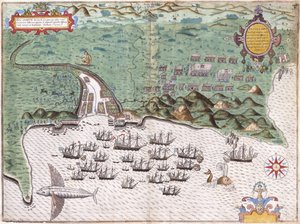 Ansichtsplan von Santiago, Kapverdische Inseln, zeigt Sir Francis Drakes Angriff auf das spanische Fort am 17. November 1585, ca. 1588-9 von Baptista Boazio