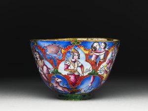 Gedeckter Schüssel, Untertasse und Löffel mit astrologischer Dekoration, frühes 19. Jahrhundert von Baqir