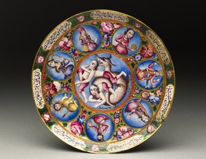 Schüssel mit Deckel, Untertasse und Löffel mit astrologischer Dekoration, frühes 19. Jh. von Baqir