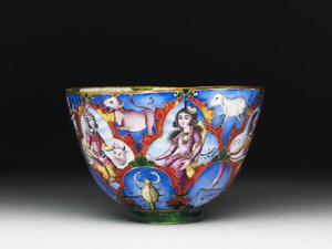 Gedeckter Schüssel, Untertasse und Löffel mit astrologischer Dekoration, frühes 19. Jahrhundert von Baqir