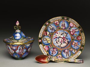 Gedeckter Schüssel, Untertasse und Löffel mit astrologischer Dekoration, frühes 19. Jahrhundert von Baqir
