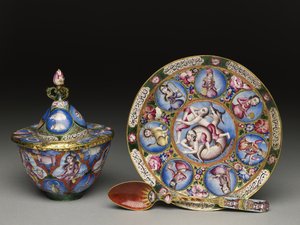 Gedeckter Schüssel, Untertasse und Löffel mit astrologischer Dekoration, frühes 19. Jahrhundert von Baqir