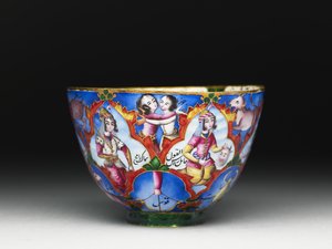 Gedeckter Schüssel, Untertasse und Löffel mit astrologischer Dekoration, frühes 19. Jahrhundert von Baqir