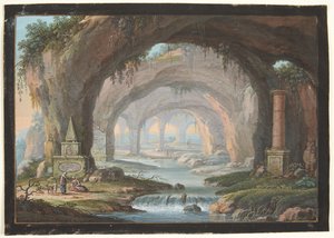 Landschaft mit durchbrochenen Grotten, Grabdenkmälern, einem Fluss und Figuren von Barbara Dietzsch