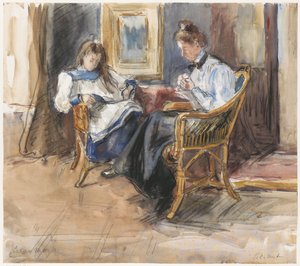 Handarbeitende Dame und lesendes Mädchen in Korbstühlen, im Haus an der Riouwstraat 6, Den Haag von Barbara Elisabeth van Houten