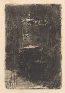 Interieur mit Spiegel und Tisch mit aufgeschlagenem Buch
