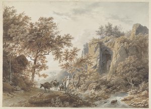 In einer felsigen Landschaft beten Bauern vor einer Kapelle von Barend Cornelis Koekkoek