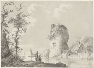 Flusslandschaft mit Turm und Angler von Barend Cornelis Koekkoek