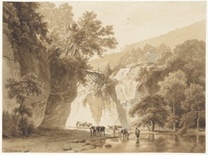 Felsige Landschaft mit trinkenden Kühen von Barend Cornelis Koekkoek