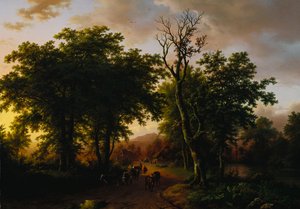 Reisende auf einem Pfad bei Sonnenuntergang von Barend Cornelis Koekkoek