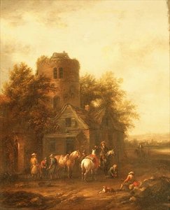 Reiter tränken ihre Pferde vor einer Taverne von Barend Gael or Gaal