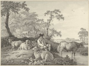 Schäfer mit Schafen, einer Ziege und einem jungen Stier in einer Landschaft von Barend Hendrik Thier