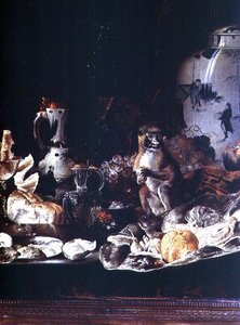 Exotisches Stillleben mit Affe und chinesischem Porzellan von Barend or Bernardus van der Meer