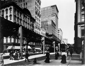 Hochbahngleise in der Wabash Avenue, Chicago, Illinois, USA