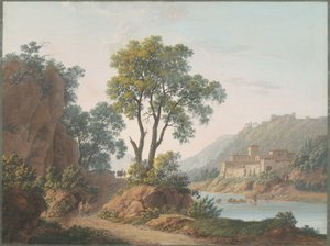 Flusslandschaft mit Burgen und Reisenden von Baron Louis Albert Guillain Bacler d