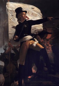 Ganzkörperporträt von Henri Duverger, Comte de La Rochejaquelein (oder Orchard de La Rochejacquelein) (1772-1794) General mit der Flagge „Vive le roi“ (auf der Brust das Abzeichen der Vendée) (Kriege der Vendée) von Baron Pierre Narcisse Guerin