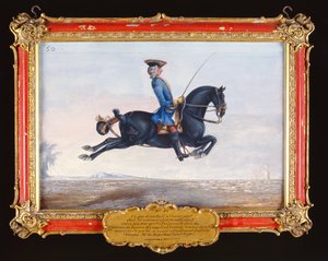 Ein rabenschwarzes Pferd namens Curioso bei einer Dressurbewegung namens Capriole von Baron Reis Eisenberg