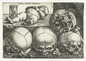 Schlafendes Kind mit Sanduhr und vier Schädeln Mors Omnia Aeqvat von Barthel Beham
