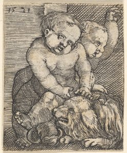 Zwei Jungen spielen mit einem Hund, Mitte des 16. Jahrhunderts von Barthel Beham