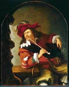 Ein junger Mann sitzt an einem Tisch, raucht eine Pfeife und schaut in einen Spiegel von Bartholomaus Maton