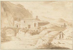 Hügelige Landschaft mit einer Kapelle an einer Brücke von Bartholomeus Appelman