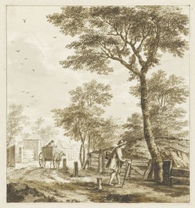 Landschaft mit Figuren und einem Pferd und Wagen