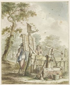 Landschaft mit zwei Männern an einem Anschlagbrett bei einer Wasserpumpe von Bartholomeus Barbiers