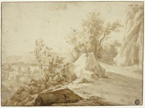 Felsen und Bergpfad, Figuren und Stadt darunter