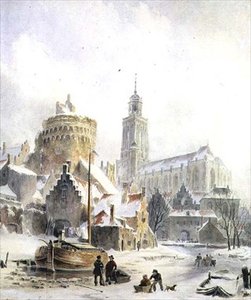 Kinder spielen auf einem zugefrorenen Fluss, Deventer Kathedrale im Hintergrund von Bartholomeus Johannes van Hove