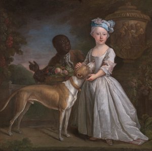 Ein junges Mädchen mit einem versklavten Diener und einem Hund