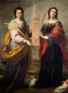 Heilige Justa und Rufina (oder Ruffina) Schutzpatroninnen der Stadt Sevilla, sie tragen die Giralda, das ehemalige Minarett der Großen Moschee, das zum Glockenturm der Kathedrale von Sevilla geworden ist - Gemälde von Bartolome Murillo (1618-1682) um 1665