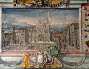 Schlafzimmer (Detail des Frieses mit Städten unter Medici-Herrschaft, möglicherweise Lucca)