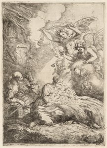 Die Heilige Familie von Engeln angebetet (Die große Geburt Christi, ca. 1655)
