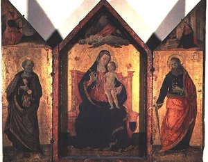 Madonna mit Kind, Johannes dem Täufer und dem Apostel Petrus von Bartolomeo Caporali