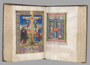 Missale: Fol. 185v: Kreuzigung mit Rändern, ganzseitig, 1469 von Bartolomeo Caporali