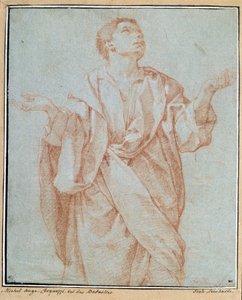 Mann in Gewändern, Arme geöffnet, Augen zum Himmel erhoben, Kopf geneigt. Zeichnung a la sanguine von Bartolomeo Cesi (1556-1620) von Bartolomeo Cesi