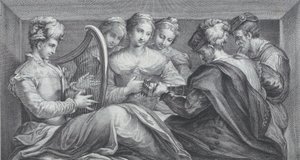 Eine Gruppe elegant gekleideter Menschen spielt Harfe und Gitarre
