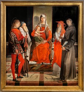 Thronende Madonna mit Jesuskind unter den Heiligen Ansanus, Antonius der Große, Hieronymus und Franziskus von Bartolomeo Montagna