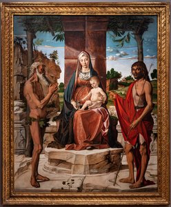 Madonna mit Jesuskind unter einer Pergola zwischen den Heiligen Johannes dem Täufer und Onuphrius, 1485-86 von Bartolomeo Montagna