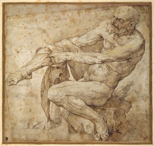 Nackter Mann, der seine Strümpfe anzieht, nach Marcantonio Raimondi und Michelangelo Buonarroti