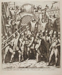 Ein Gotteslästerer bricht sich das Bein beim Überklettern der Mauern des Vatikans am 6. Juli 1809 von Bartolomeo Pinelli