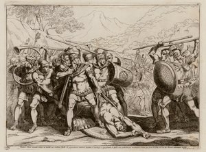 Schlacht zwischen Römern und Galliern nach dem Tod eines riesigen Galliers durch Marcus Valerius Corvus im Einzelkampf, 349 v. Chr. von Bartolomeo Pinelli